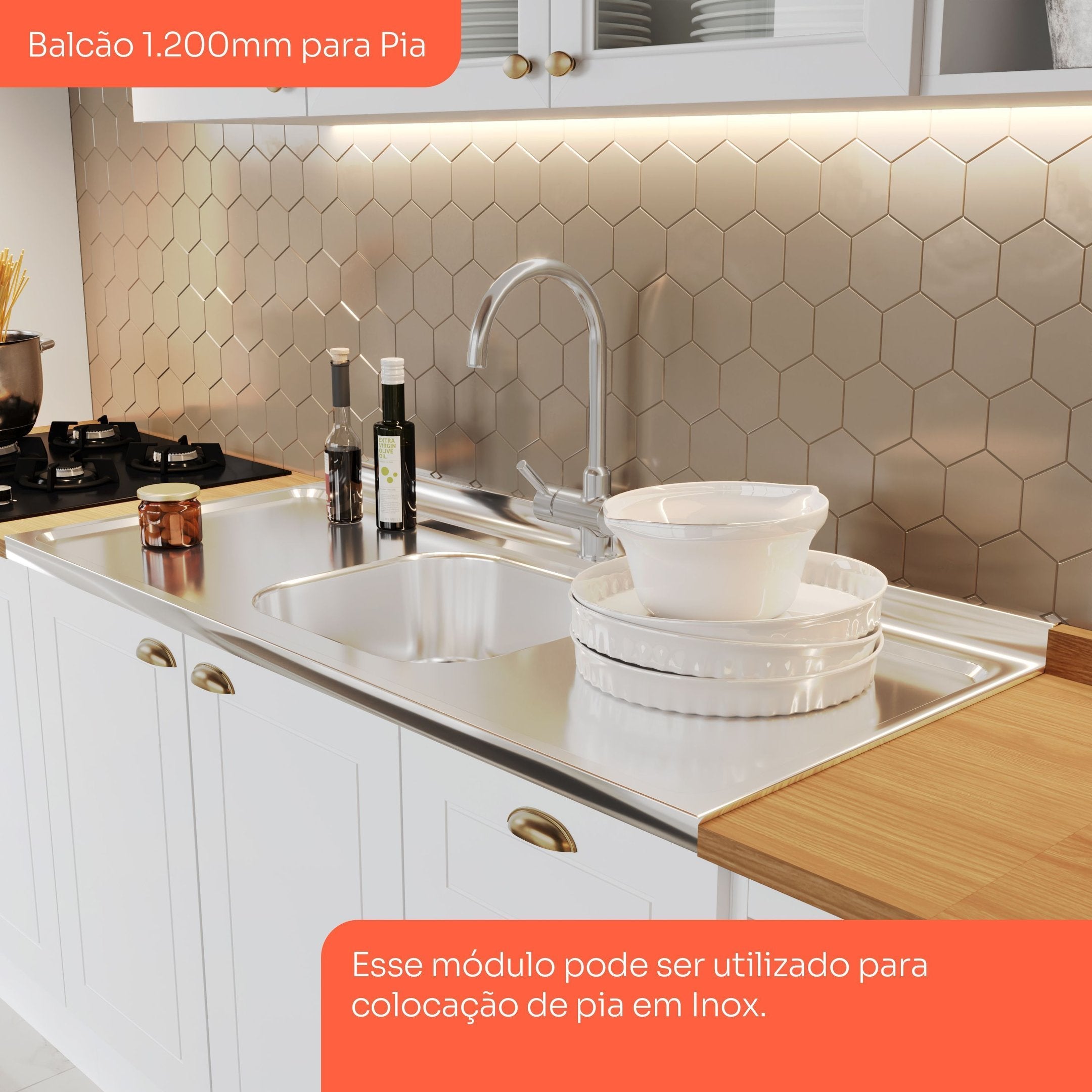 Cozinha Compacta Modulada 6 Peças com Aéreo para Micro-Ondas Emily Espresso Móveis Branco/HP/Calcare