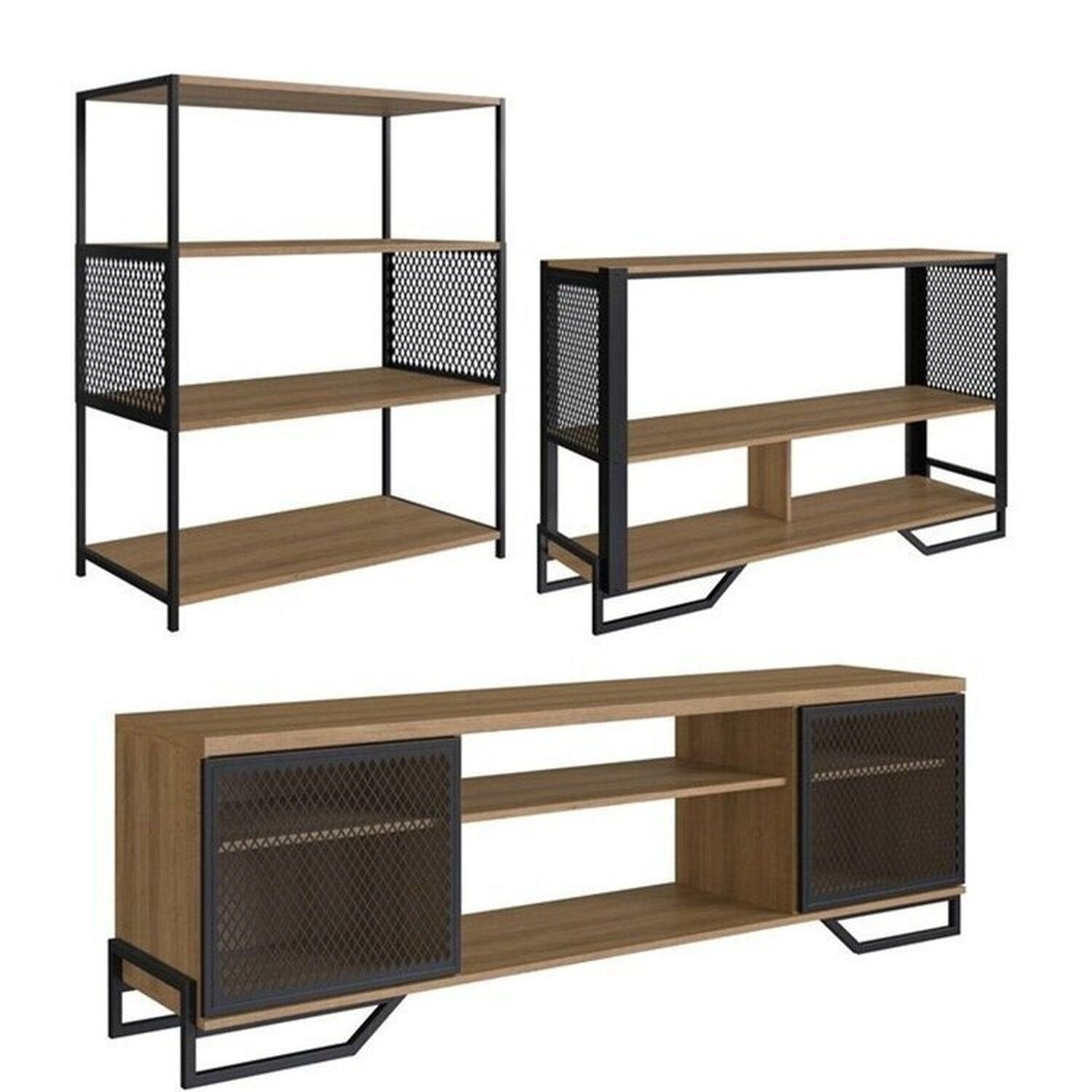 Conjunto Sala de Estar Completa Rack TV 60 Polegadas, Estante e Aparador Industrial Telado Marrom Espresso Móveis