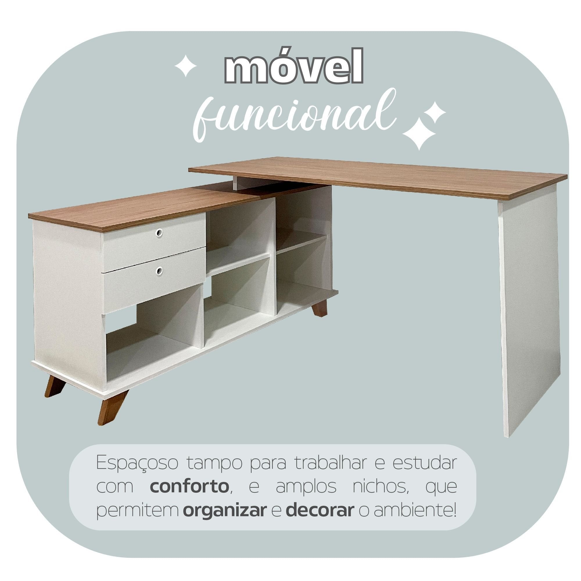 Escrivaninha Retrô em L Mesa Escritório e Home Office 2 Gavetas 5 Nichos 145cm Artany
