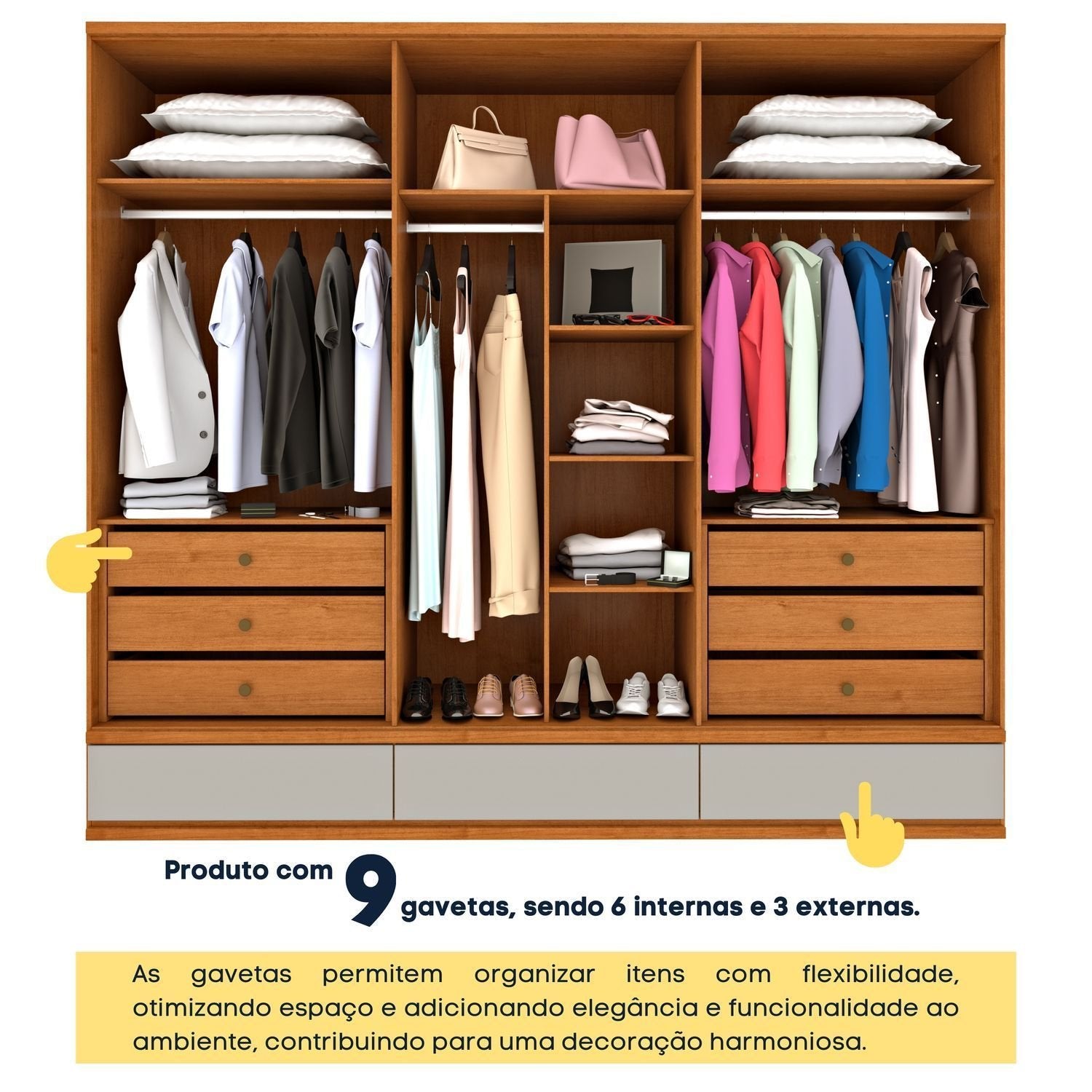 Guarda-Roupa Casal 6 Portas 9 Gavetas 270cm Tóquio Yescasa 100% MDF Bege/Cinamomo/Off White