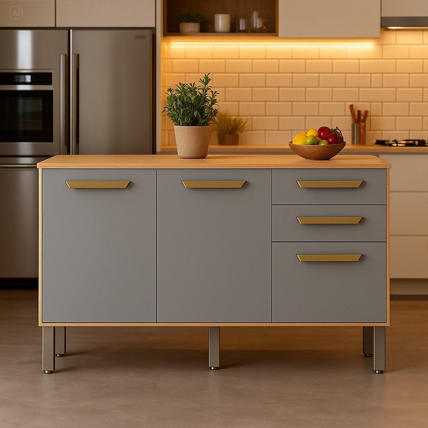 Balcão de Cozinha 3 Portas 2 Gavetas Adele CHF Bege/Cinamomo/Off White Acetinado