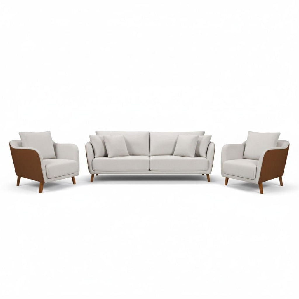 Conjunto Sofá Living Hórus e Duas Poltronas Tecido Composê Linho Cru e Marrom Terracota 2,00m