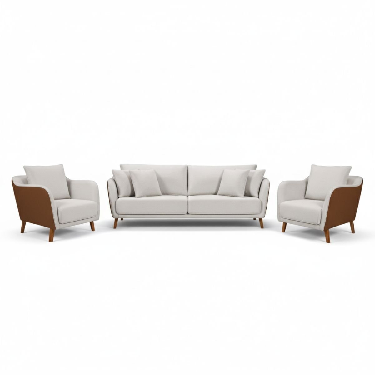 Conjunto Sofá Living Hórus e Duas Poltronas Tecido Composê Linho Cru e Marrom Terracota 2,00m