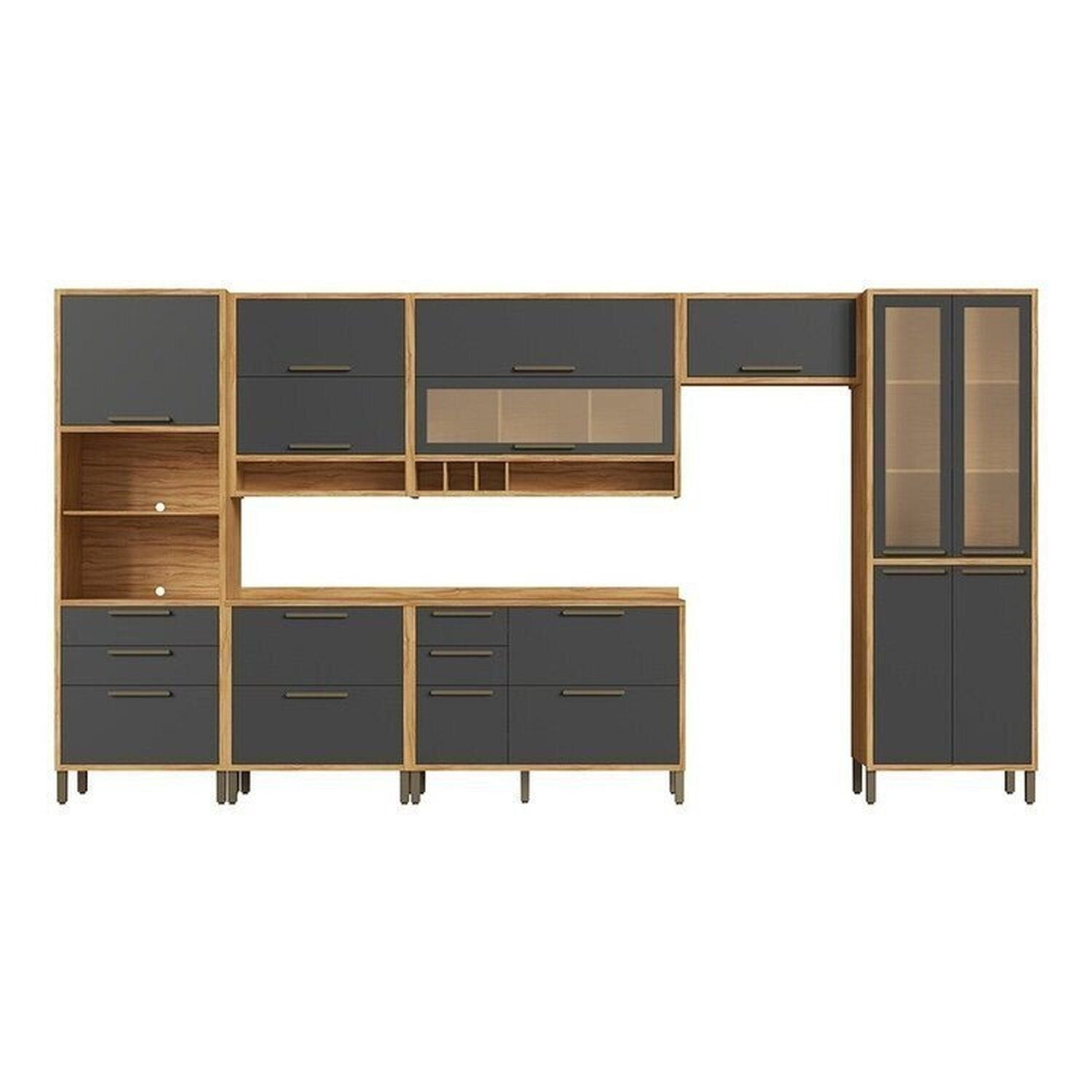Cozinha Completa Modulada 100% MDF 7 Peças 14 Portas 6 Gavetas e Vidro 429cm Vicenza Espresso Móveis Cinza/Amêndoa/Chumbo