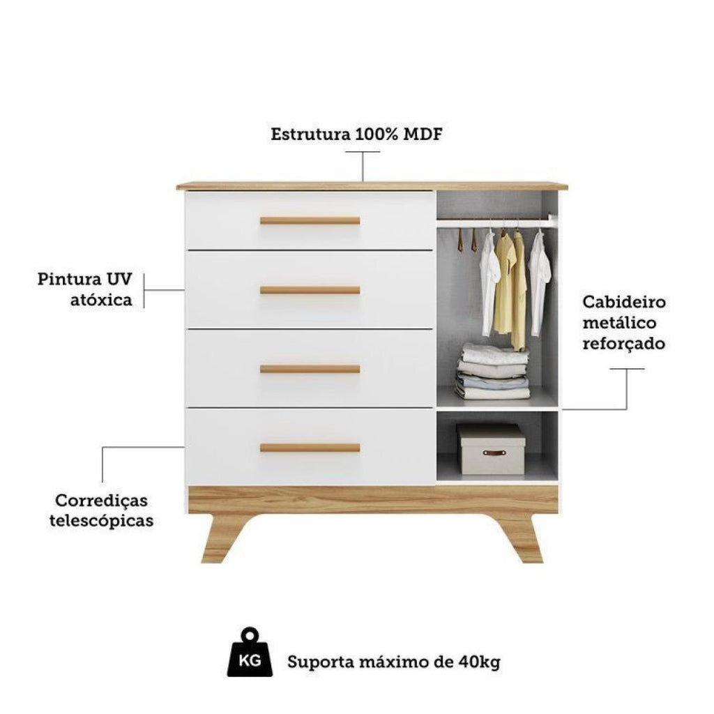 Quarto Infantil Completo Guarda-Roupa 4 Portas e Cômoda 1 Porta 100% MDF Kakau Retrô Yescasa