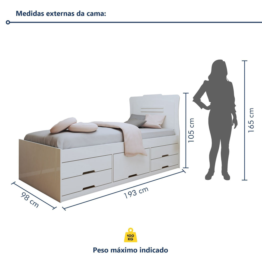 Cama Solteiro 5 Gavetas Júlia Conquista Móveis Branco