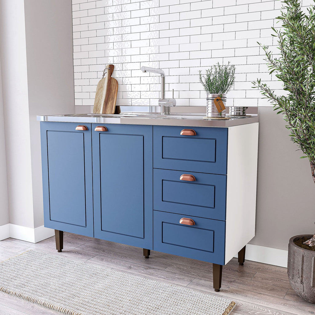 Balcão de Cozinha 2 Portas 3 Gavetas 120cm Pérola Yescasa Branco/Azul