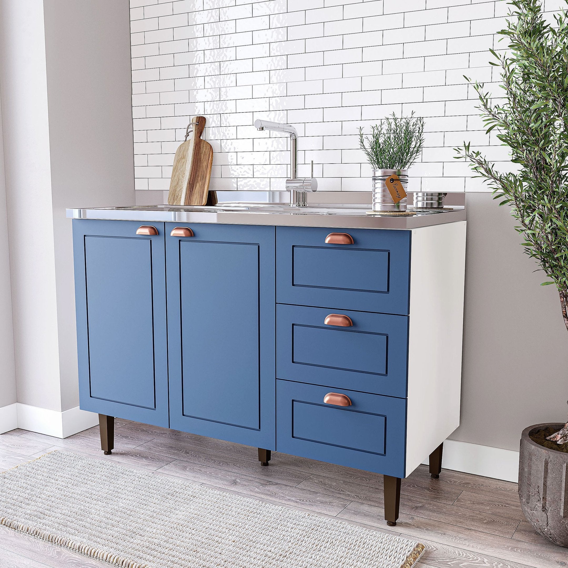 Balcão de Cozinha 2 Portas 3 Gavetas 120cm Pérola Yescasa Branco/Azul
