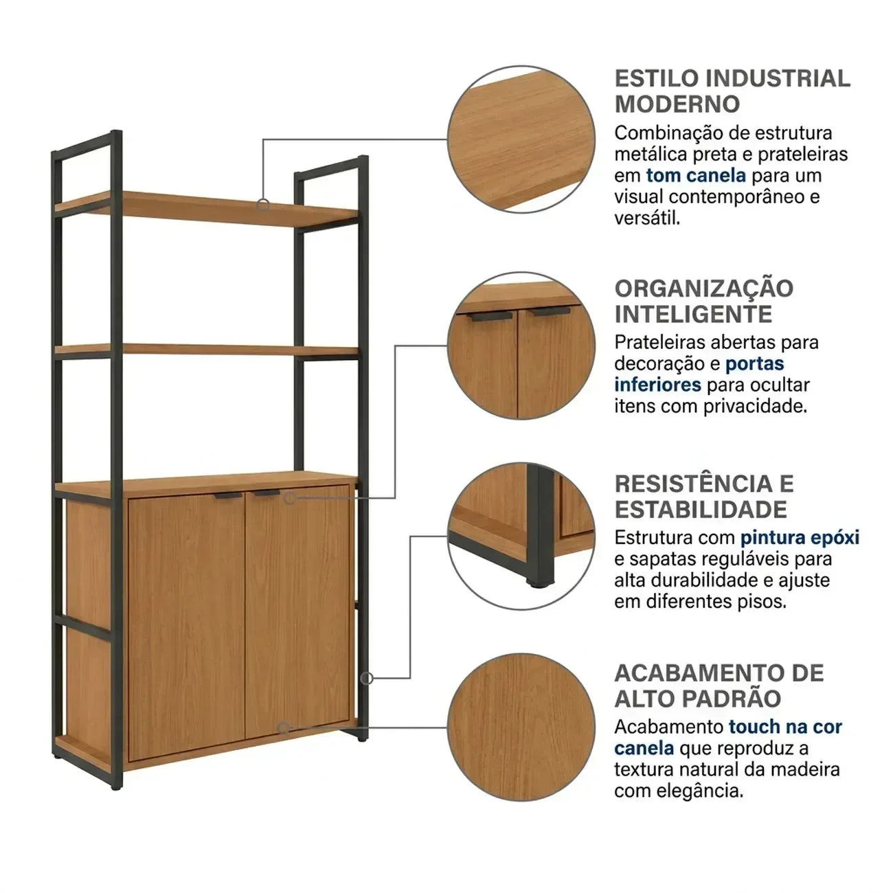 Estante de Livros Industrial em Aço com 2 Portas e 2 Prateleiras 151x72cm Canela/Preto