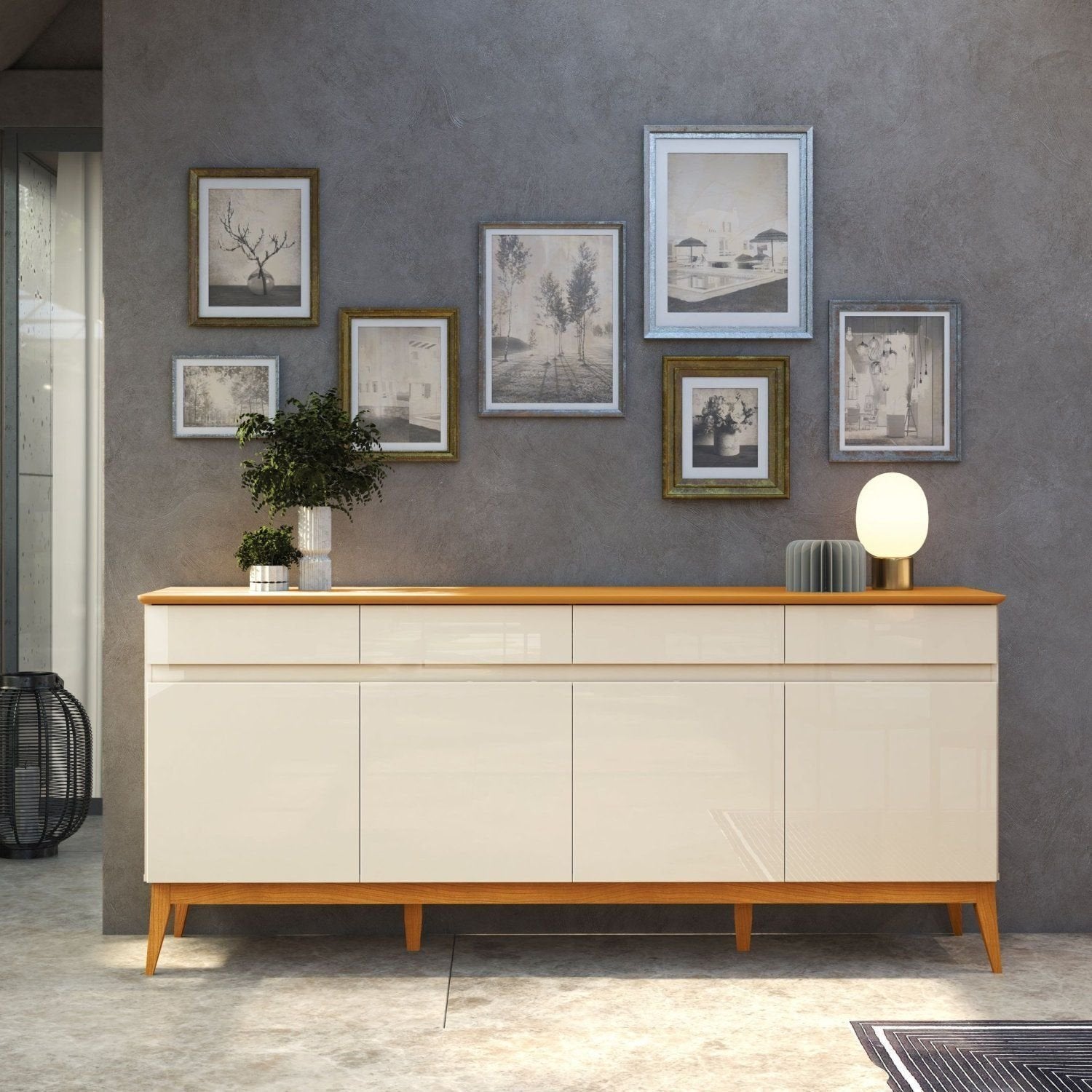 Buffet Aparador 4 Portas e 4 Gavetas Premium MDF Off White/Cedro EDN Móveis
