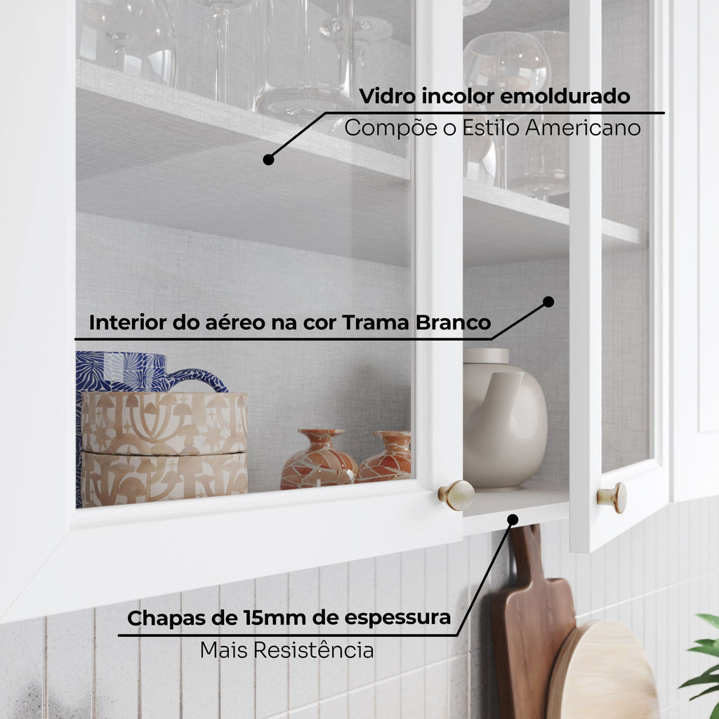 Cozinha Compacta Modulada 6 Peças com Aéreo para Micro-Ondas Emily Espresso Móveis Branco/HP/Calcare