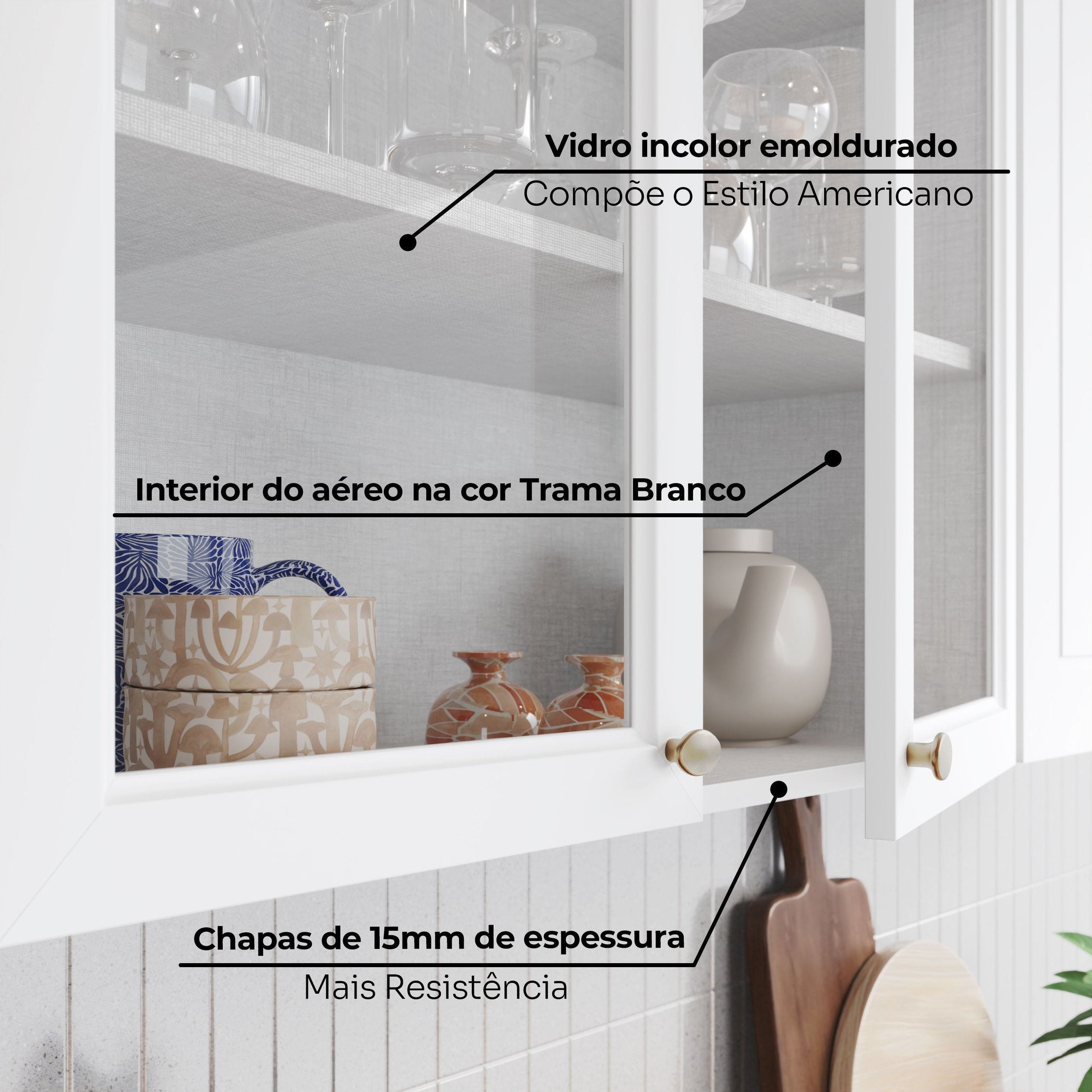 Cozinha Compacta Modulada 6 Peças com Aéreo para Micro-Ondas Emily Espresso Móveis Branco/HP/Calcare