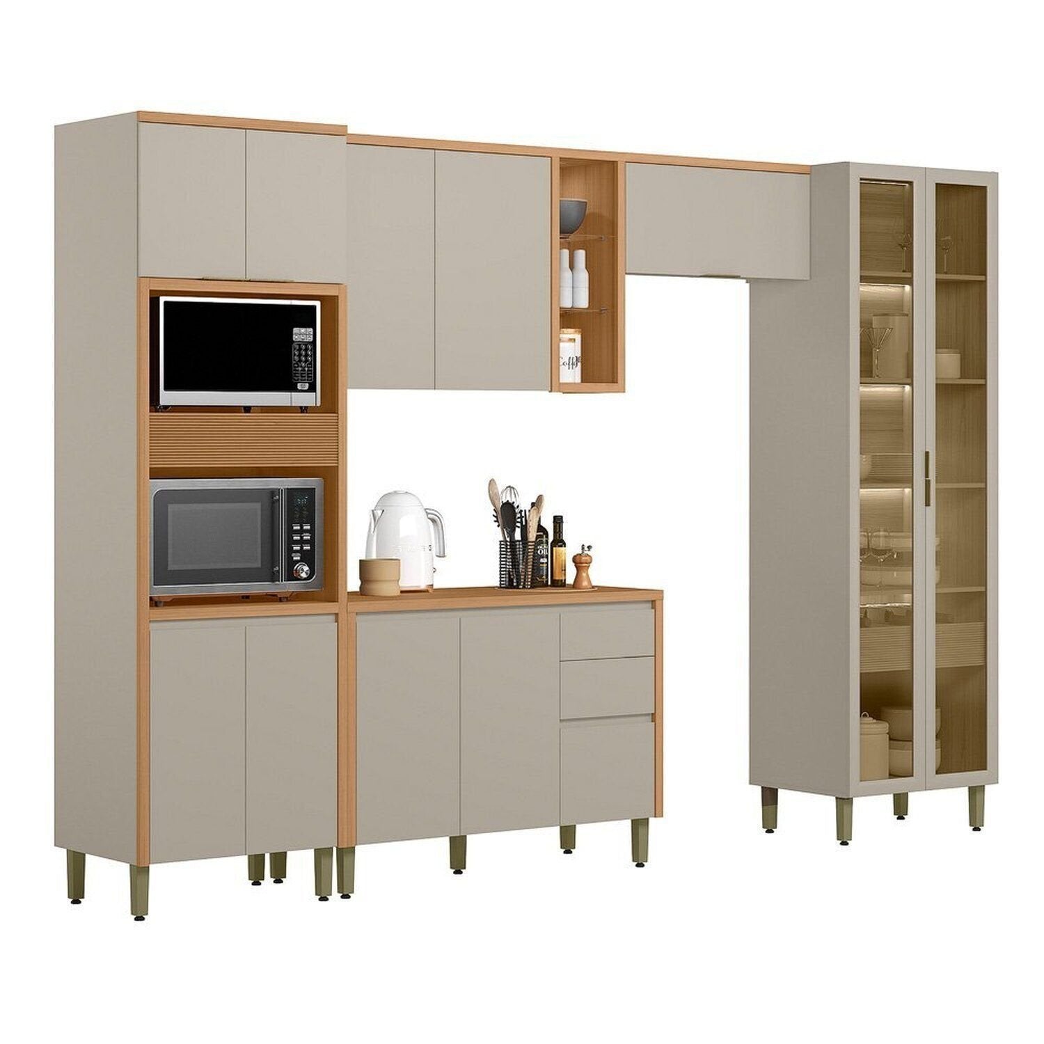 Cozinha Completa Modulada 5 Peças com Torre Quente e Cristaleira Allure Marrom/Jequitibá/Gris Fosco Linea Brasil