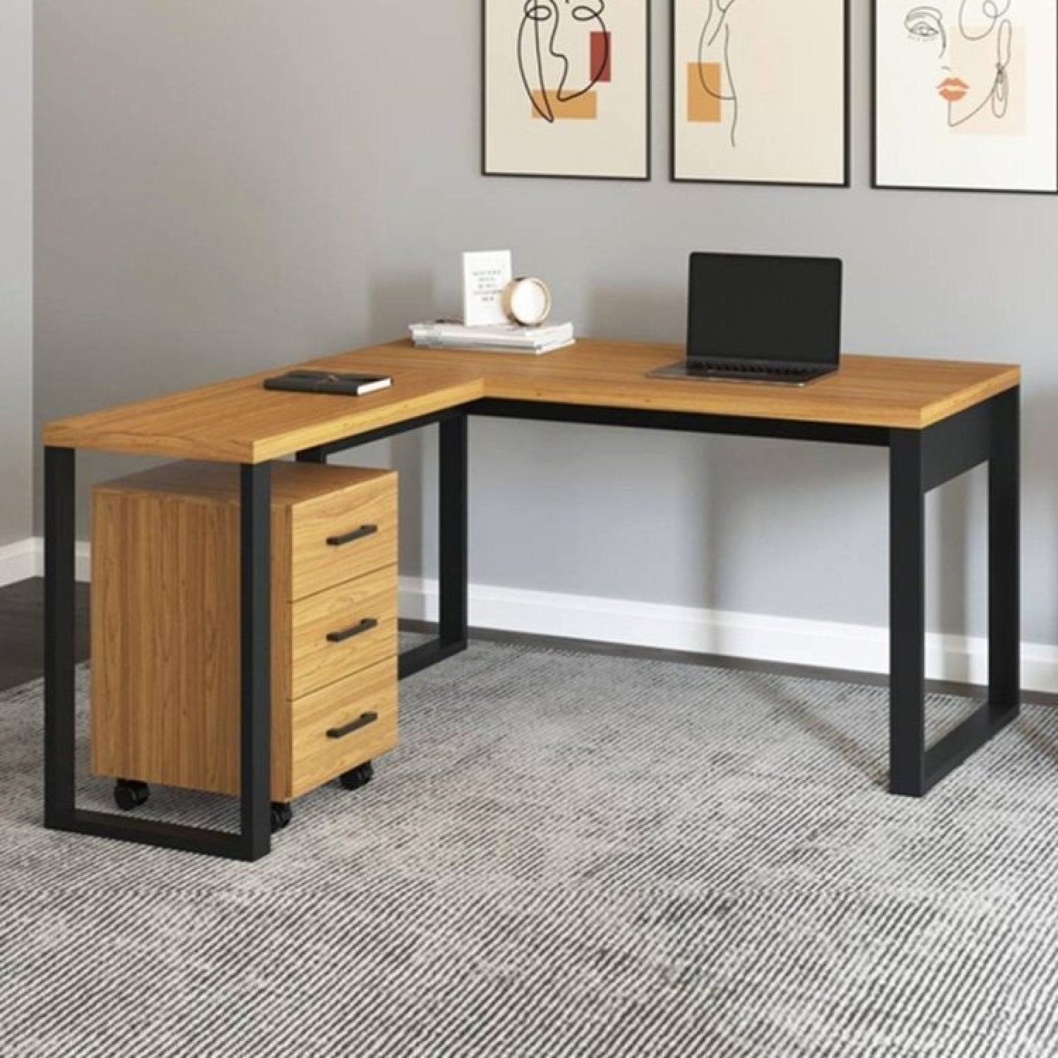 Conjunto Escritório Mesa Escrivaninha em L com Gaveteiro 100% MDF 3 Gavetas 157,5cm Industrial Freijó/Preto Espresso Móveis