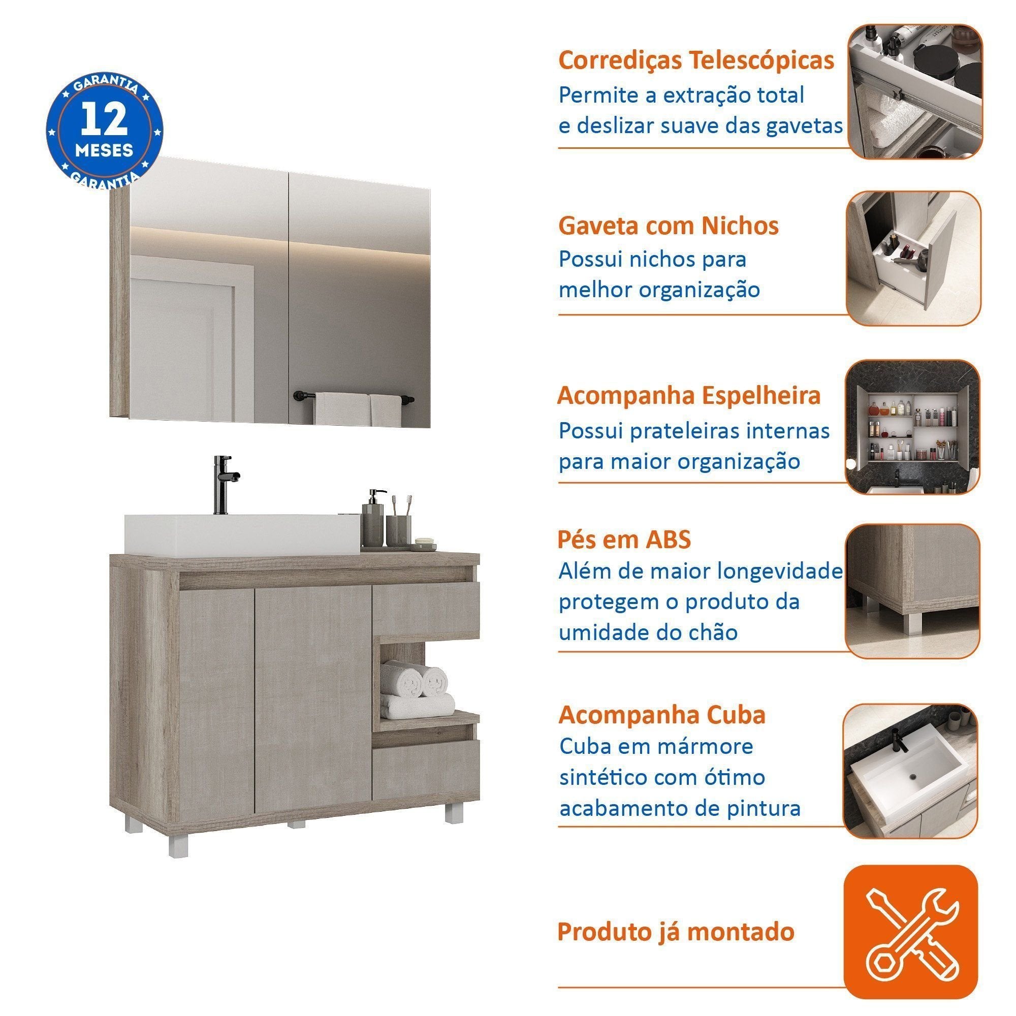 Conjunto para Banheiro Gabinete com Cuba e Espelheira Malba Móveis Bosi 100cm Cinza/Barrique/Argento