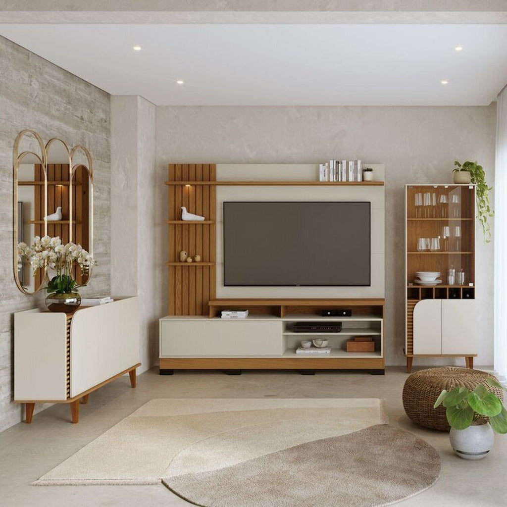 Conjunto Sala de Estar Completa Jurerê Home Maceió para TV Até 65 Polegadas Buffet e Cristaleira 4 Portas Colibri Branco Off White Matte/Freijó