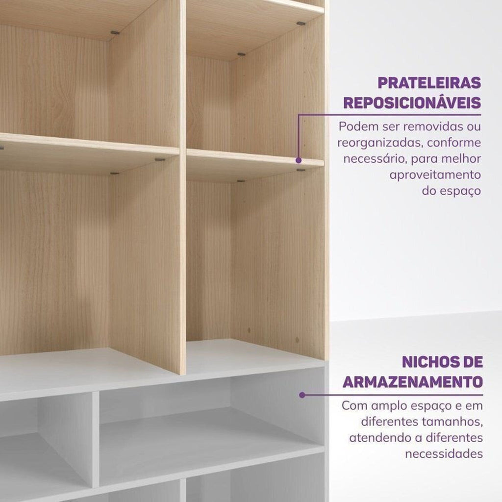 Conjunto com Cama Solteiro Giulia Rattan e Guarda Roupa Curió Casatema MadeiraOriginals Branco/Marrom