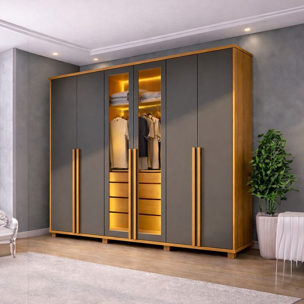 Guarda-Roupa Casal 6 Portas com LED e Vidro Reflecta 5 Gavetas Bélgica RV Móveis