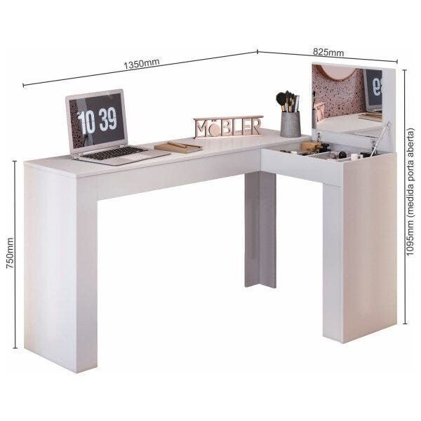 Escrivaninha Mesa Escritório Penteadeira em L Porta Objetos Jade 135,5cm Belaflex