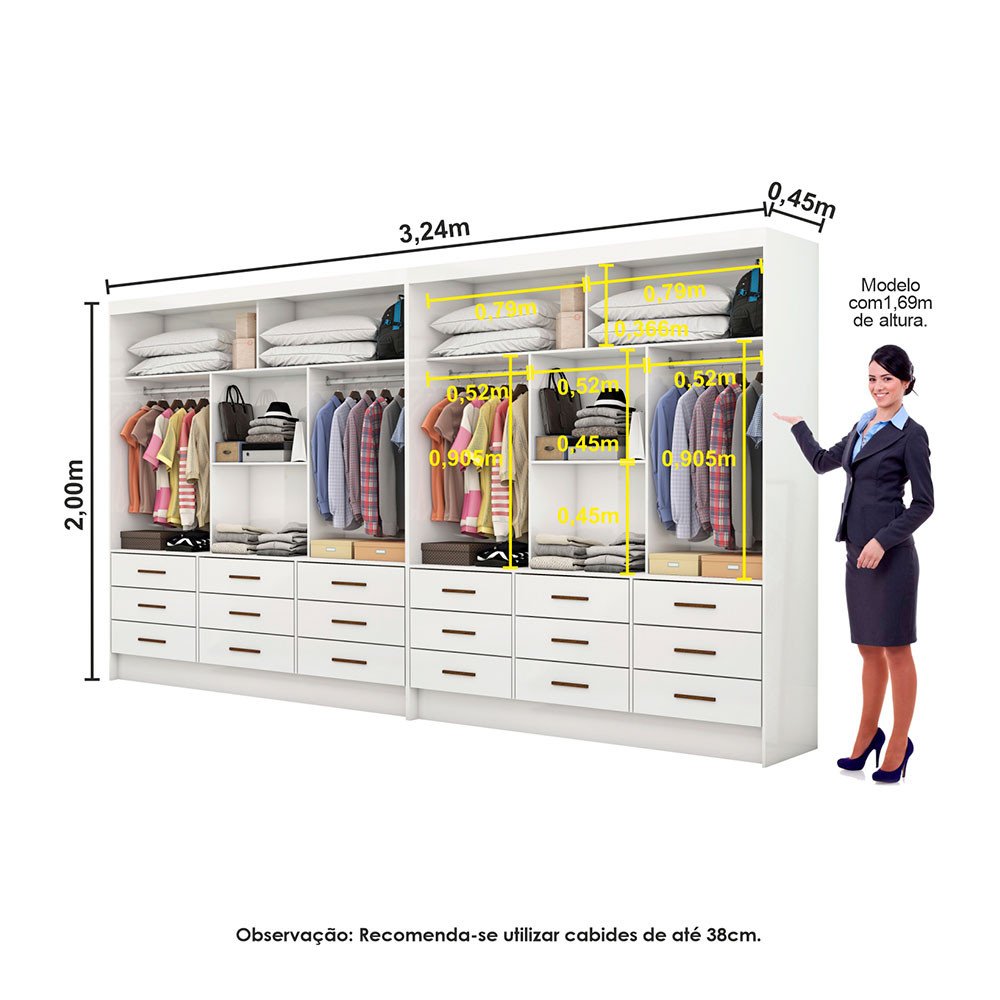 Closet Casal Duplo Sevilha Premium 18 Gavetas Carioca Móveis