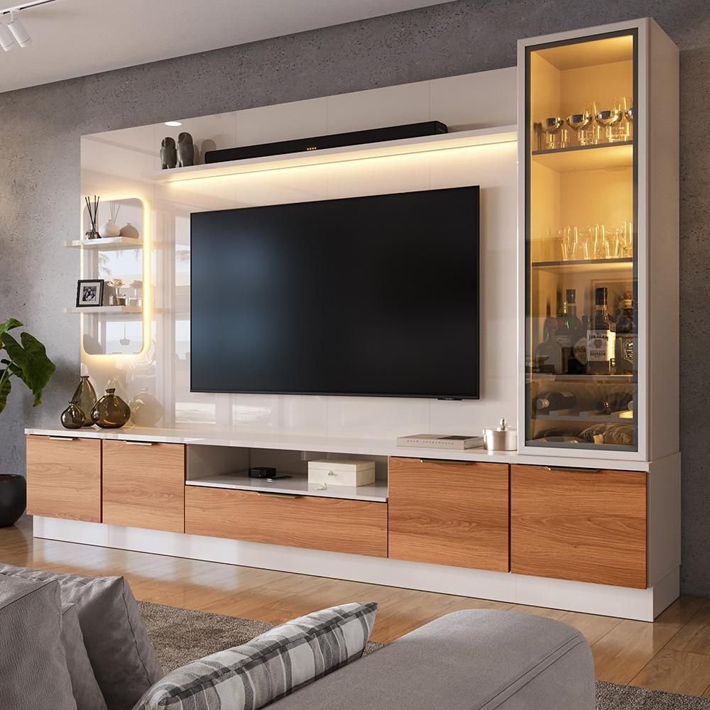 Estante Home Noble 270cm para TV até 75” com Cristaleira, Torre com LED e Portas Reflecta em MDP Movelove