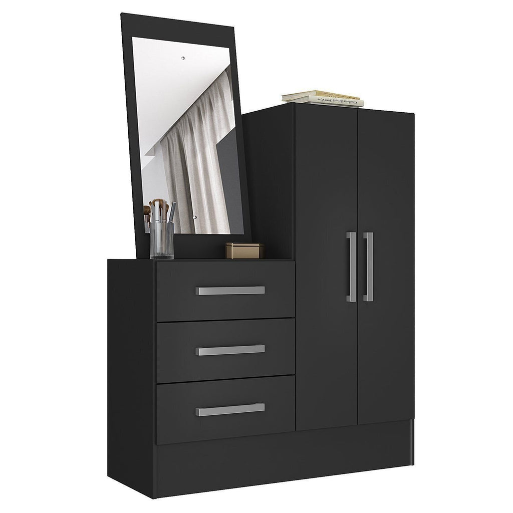 Cômoda para Quarto 3 Gavetas 2 Portas com Espelho Dunas Preto Yescasa
