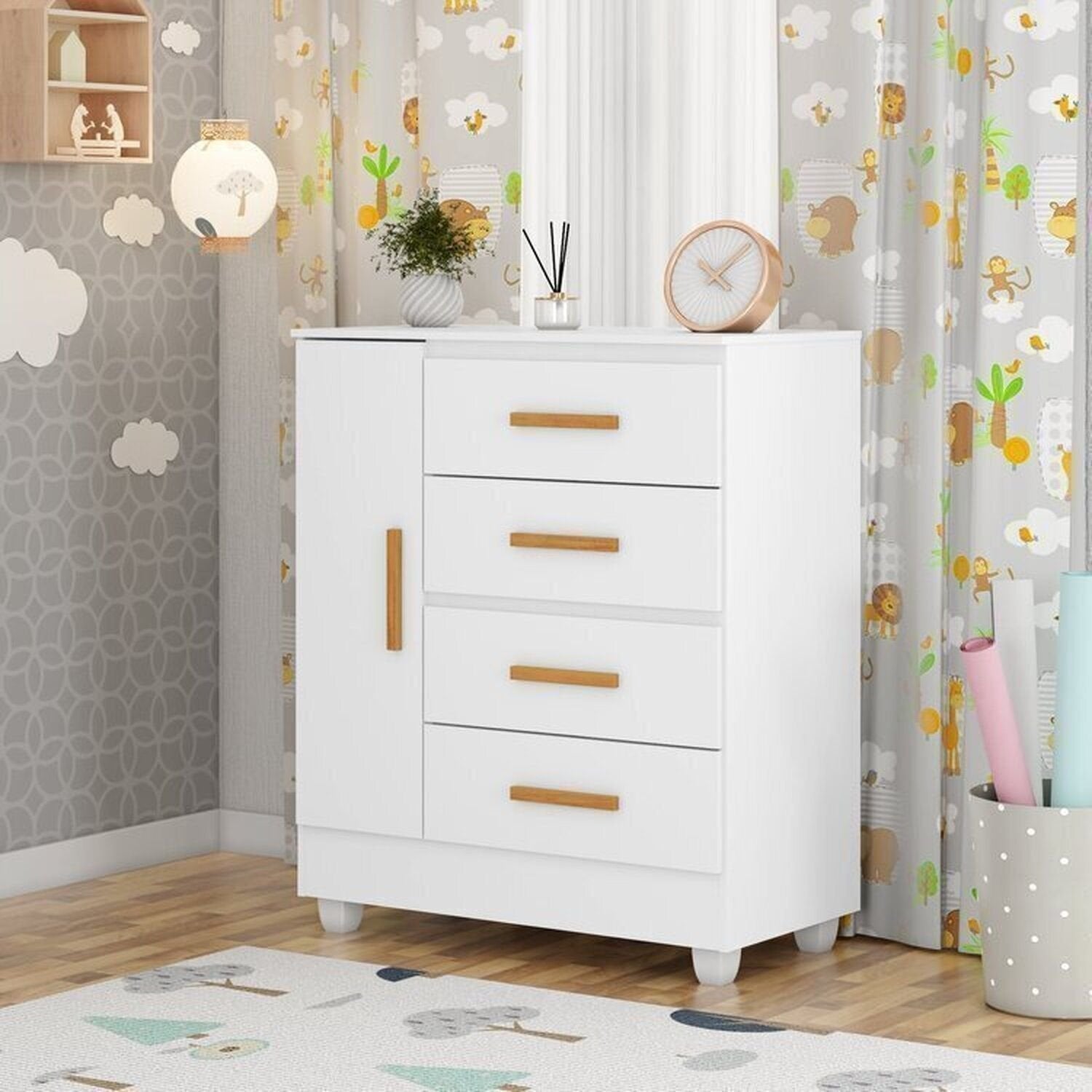 Quarto Bebê Infantil com Guarda-Roupa 4 Portas e 2 Gavetas com Cômoda 4 Gavetas e 1 Porta Aconchego Móveis Leão Branco