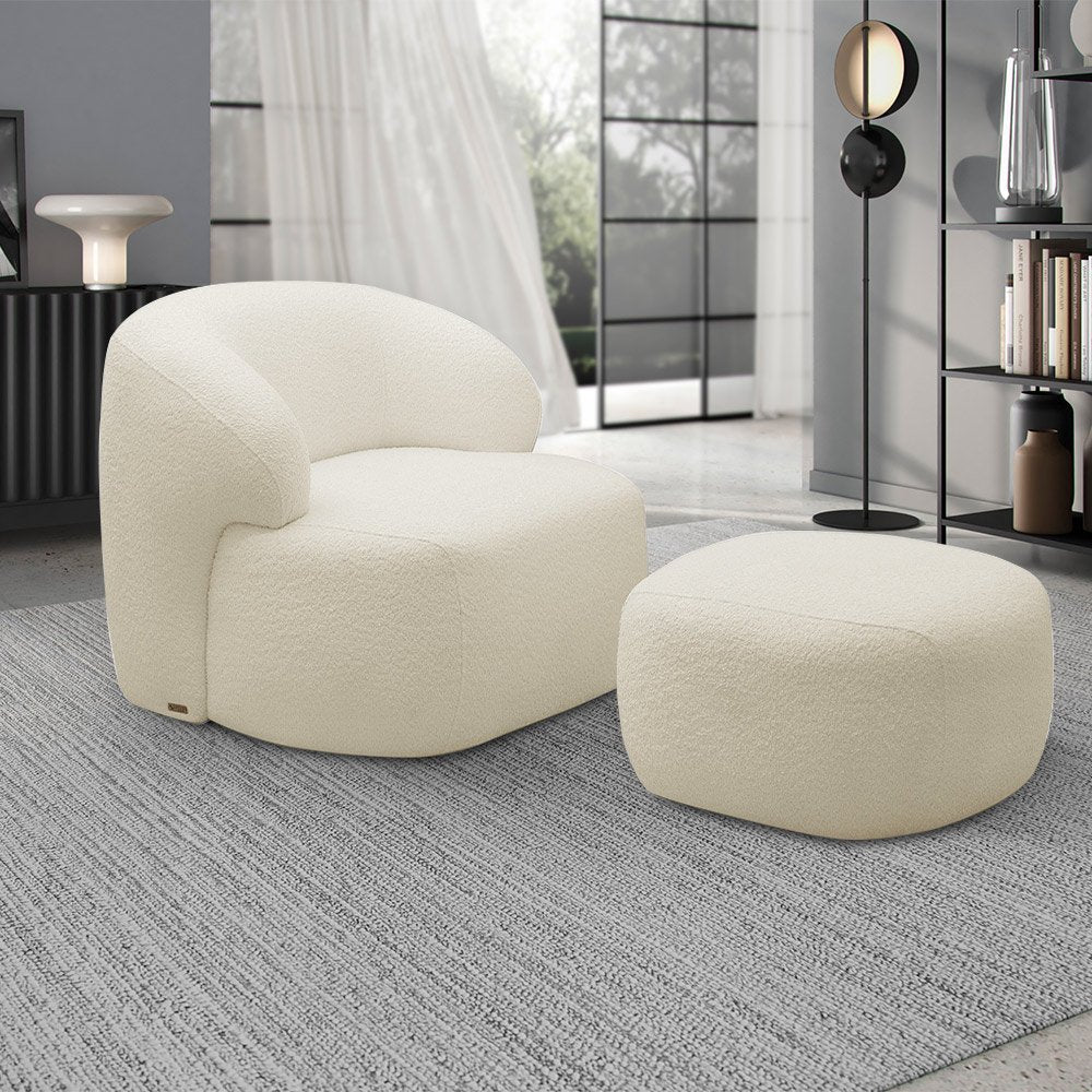 Conjunto Poltrona Base Fixa e Puff Decorativo Charlote Sala de Estar Bouclê Bege G88 Gran Belo