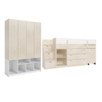 Quarto Infantil Completo Cama Elevada com Cômoda Escrivaninha Armário Artsy e Guarda-Roupa 4 Portas Curió Casatema MadeiraOriginals Natural