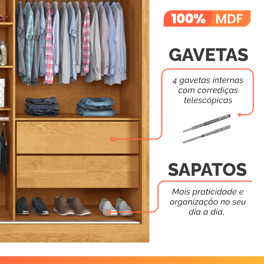Guarda-Roupa Casal 2 Portas de Correr com Espelho 4 Gavetas Flex 100% MDF Europa Áustria