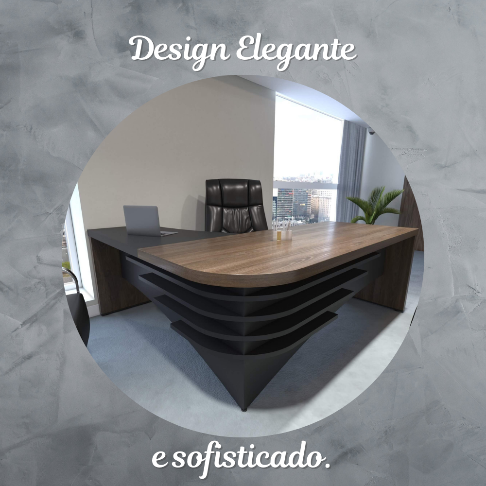 Escrivaninha Mesa Escritório Diretor em L Tamburato 200cm Charuto e Preto Artany