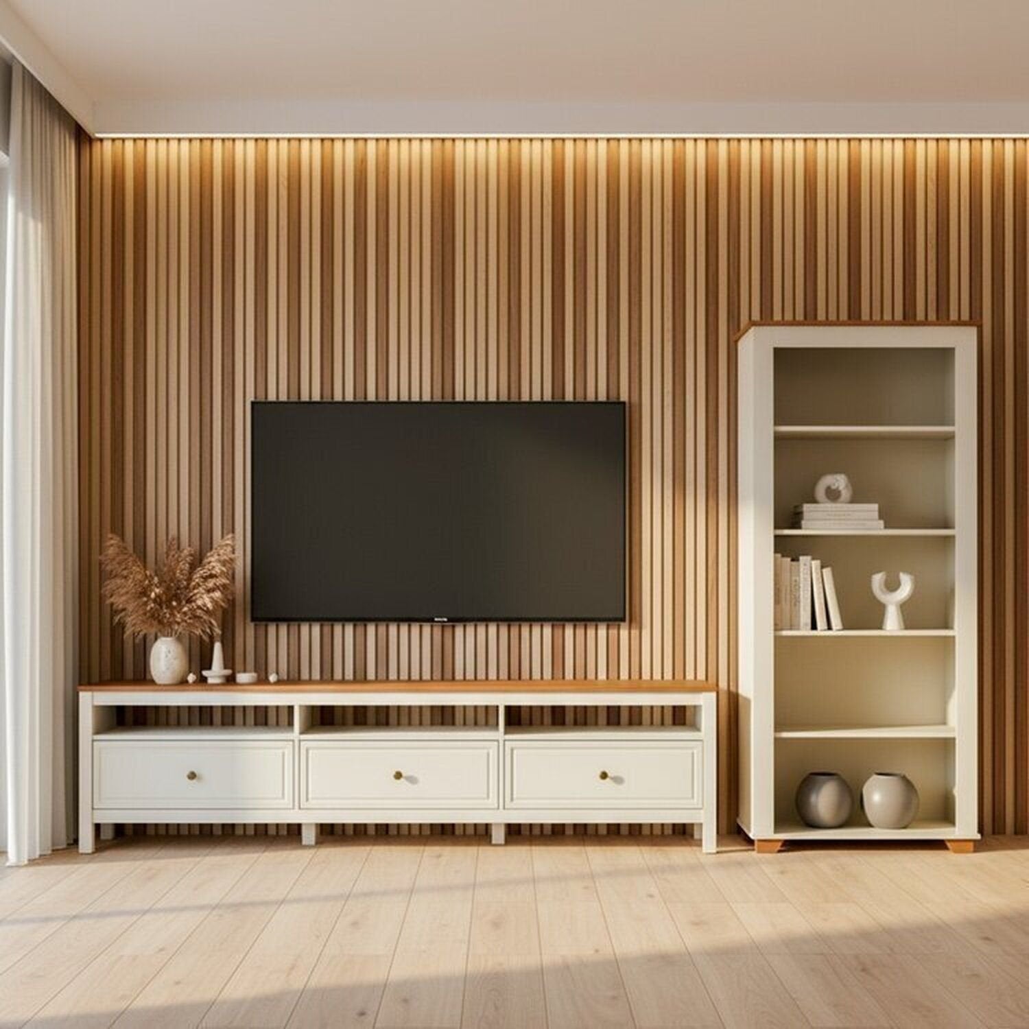 Conjunto Sala de Estar 2 Peças Rack 210cm e Estante Ananda CabeCasa MadeiraOriginals Off White/Mel