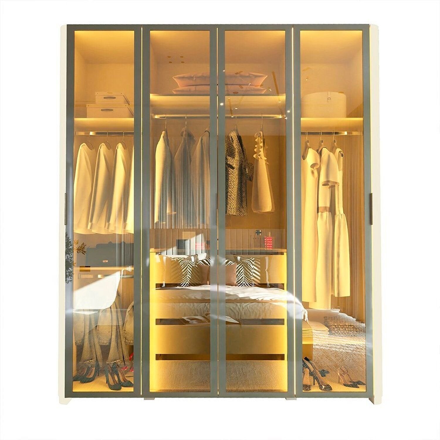 Guarda-Roupa Solteiro 4 Portas Reflecta com Pés e LED 100% MDF Innova Gelius Móveis Bege/Off White