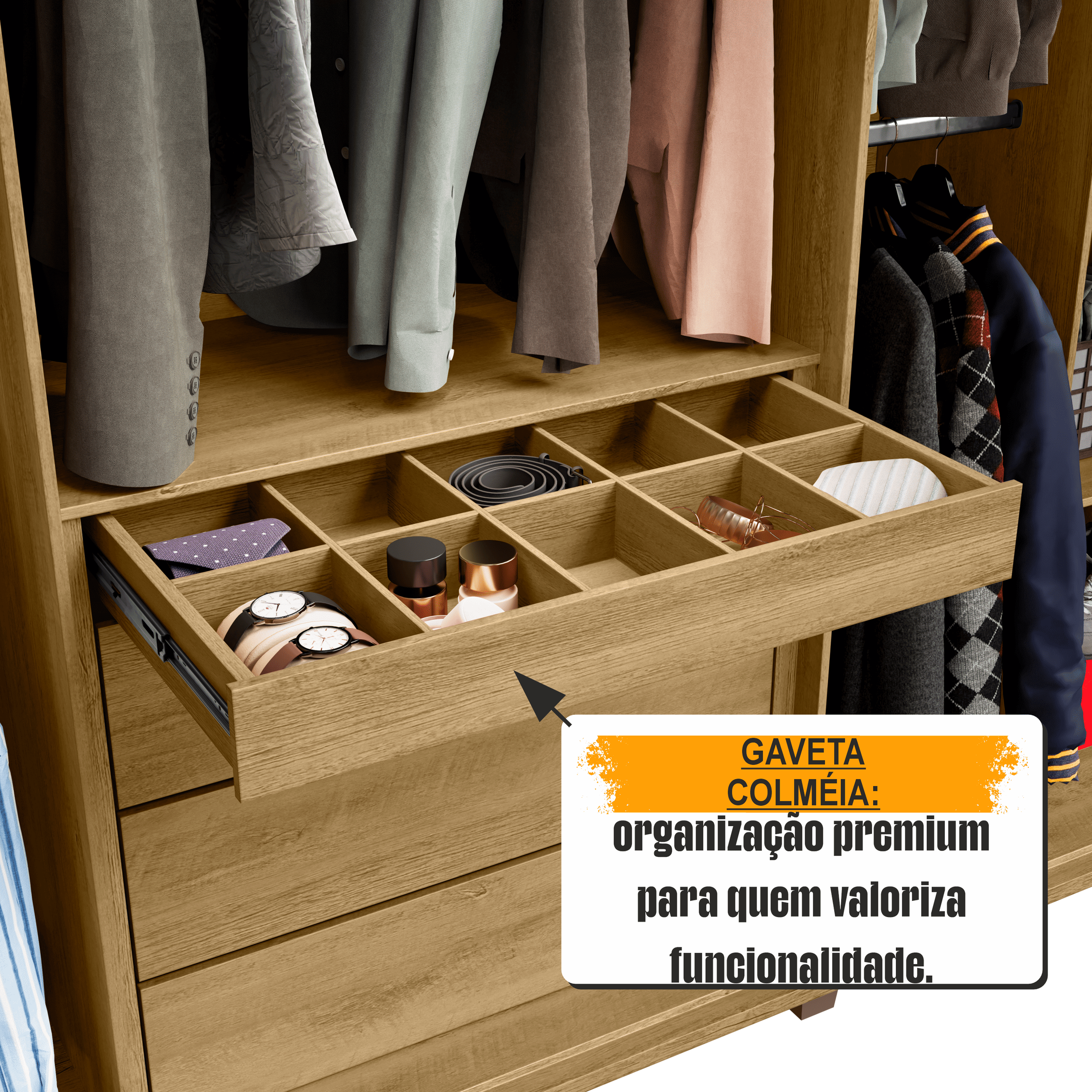 Guarda-Roupa Casal 6 Portas com LED e Vidro Reflecta 5 Gavetas Bélgica RV Móveis