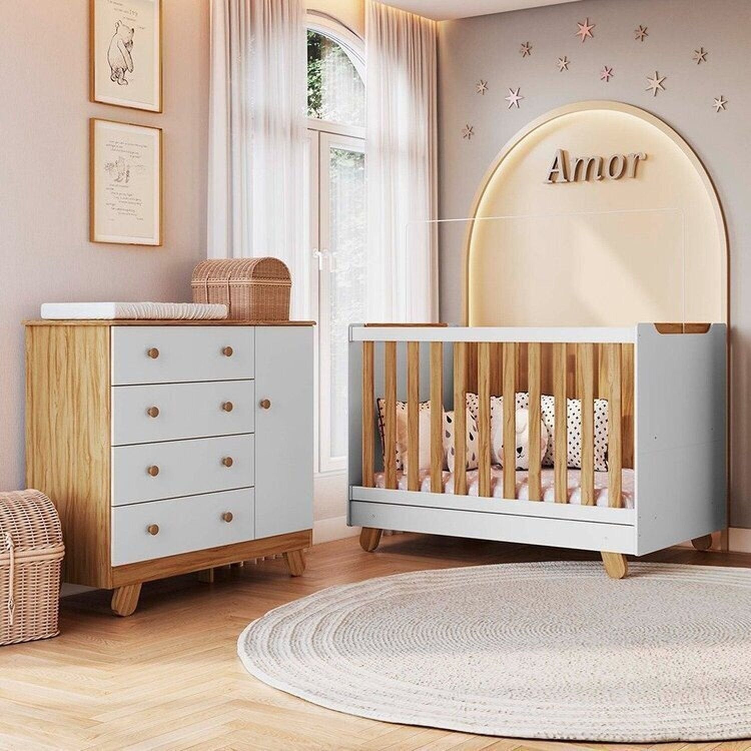 Quarto de Bebê Cômoda e Berço Minicama 4 em 1 Levy 100% MDF Espresso Móveis Bege/Amêndoa/Off White