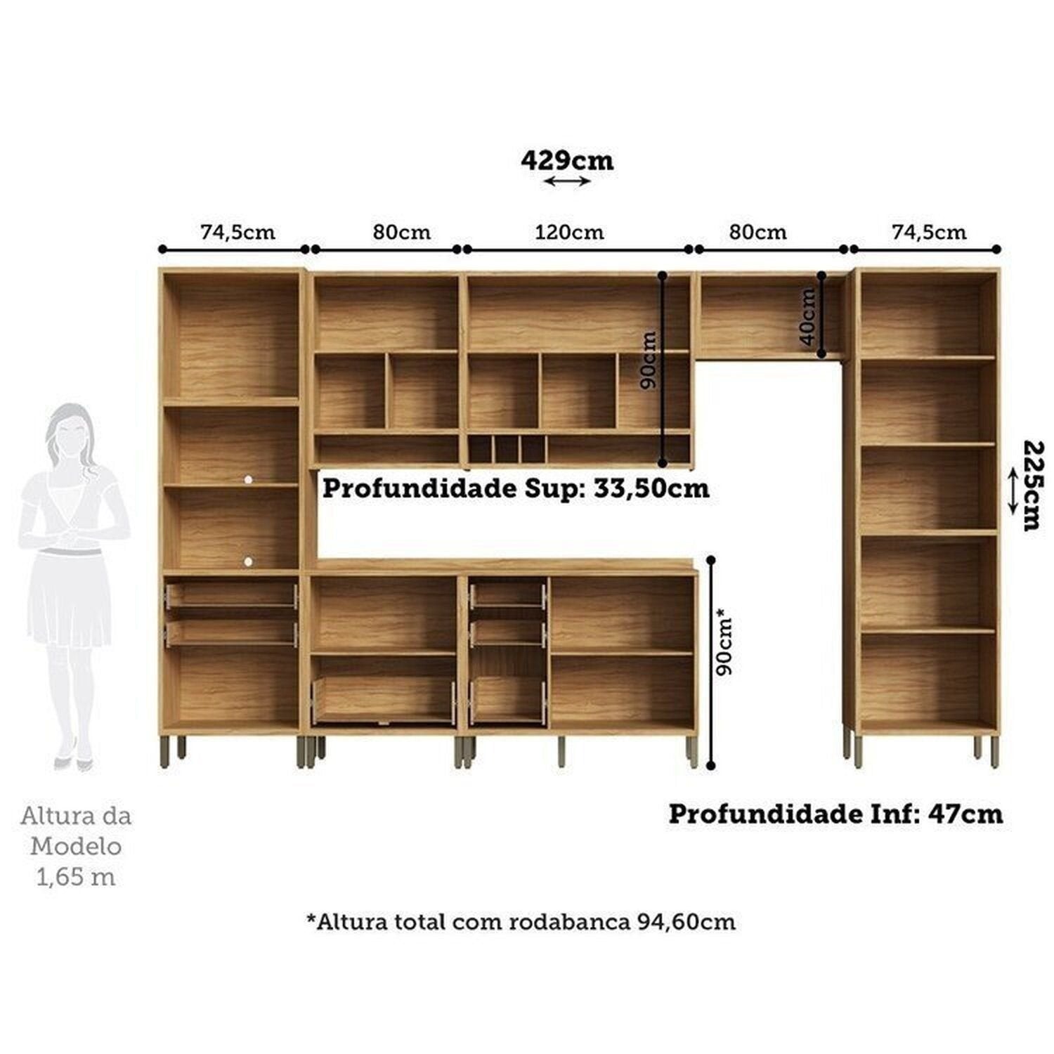 Cozinha Completa Modulada 100% MDF 7 Peças 14 Portas 6 Gavetas e Vidro 429cm Vicenza Espresso Móveis Cinza/Amêndoa/Chumbo