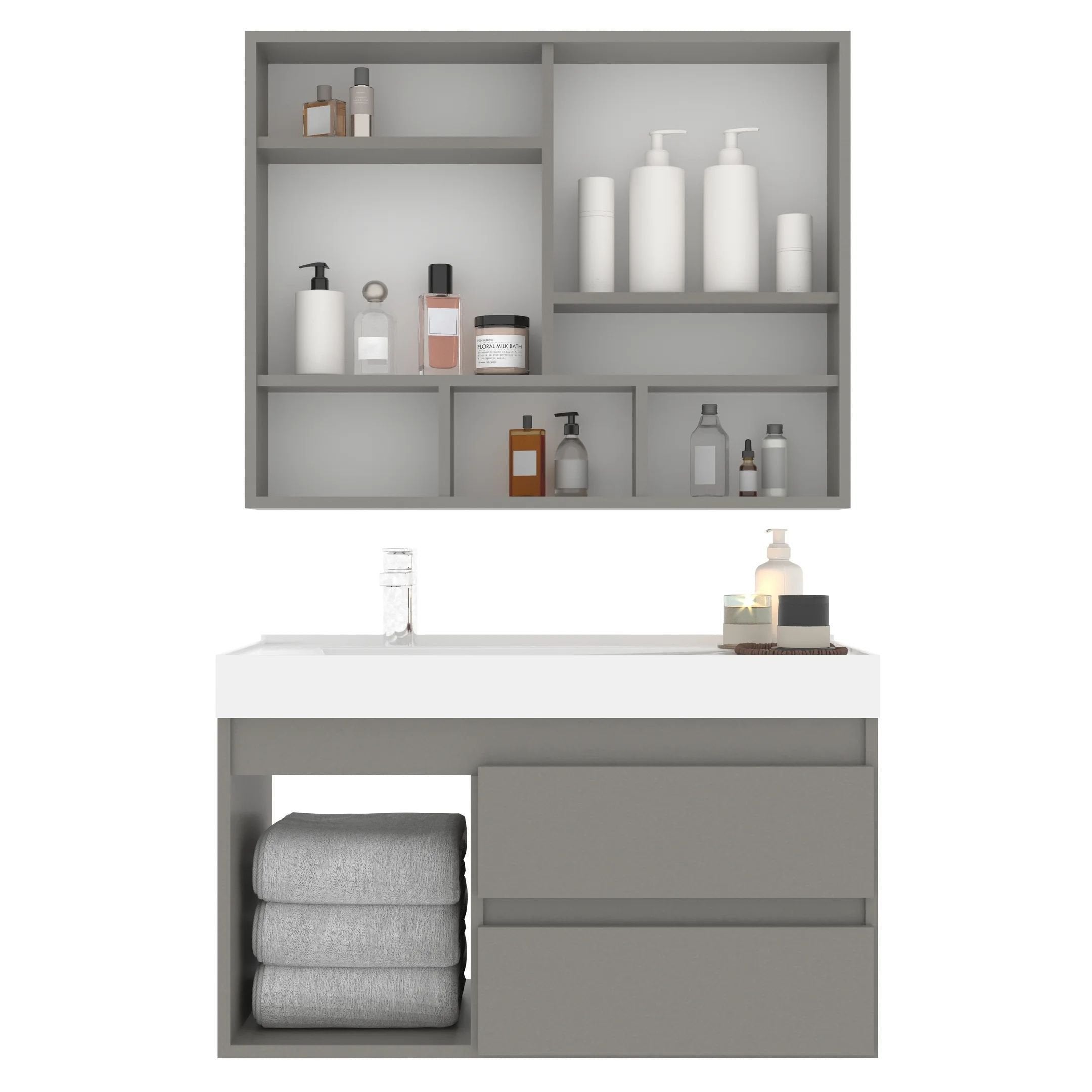 Conjunto de Banheiro Belizze Orla 80cm Cuba e Espelheira Cimento Cinza