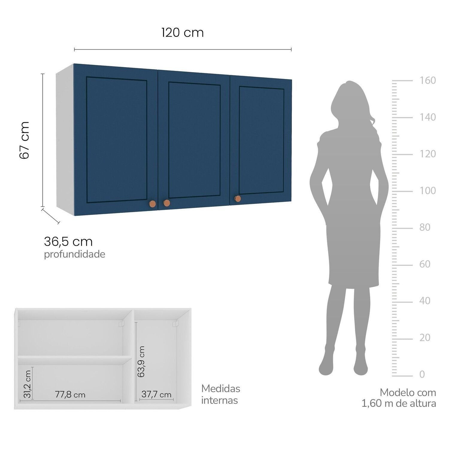 Armário Aéreo 3 Portas 120cm Pérola Yescasa Branco/Azul