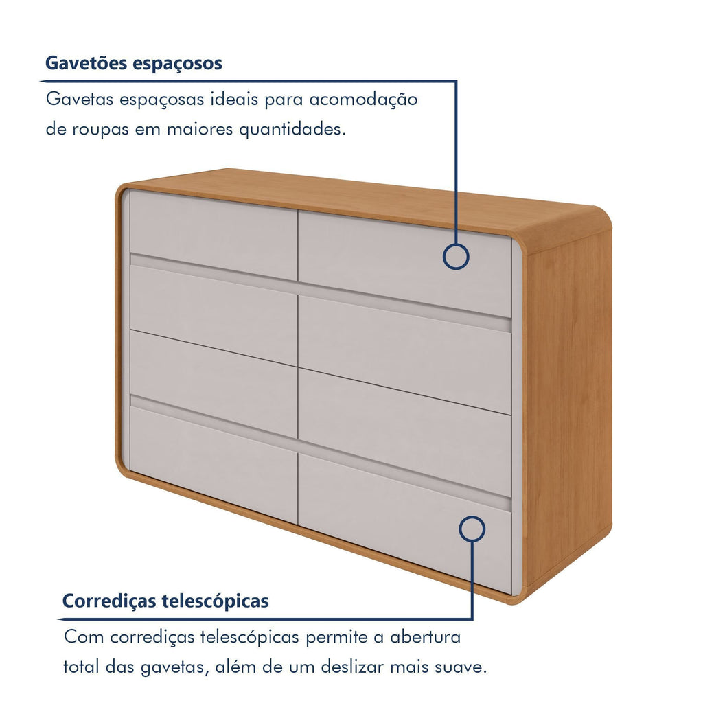 Cômoda para Quarto 8 Gavetas Puxador Embutido Loop 152cm Bege Amêndoa Clean/Off White