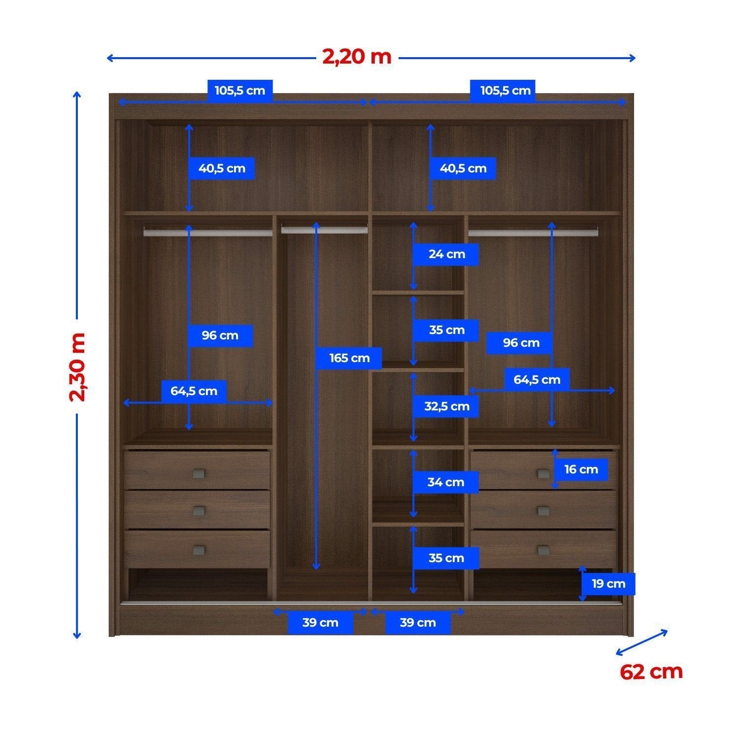Guarda-Roupa Casal 2 Portas de Correr 6 Gavetas 100% MDF Coliseu D Doro Marrom/Castanho/Off White