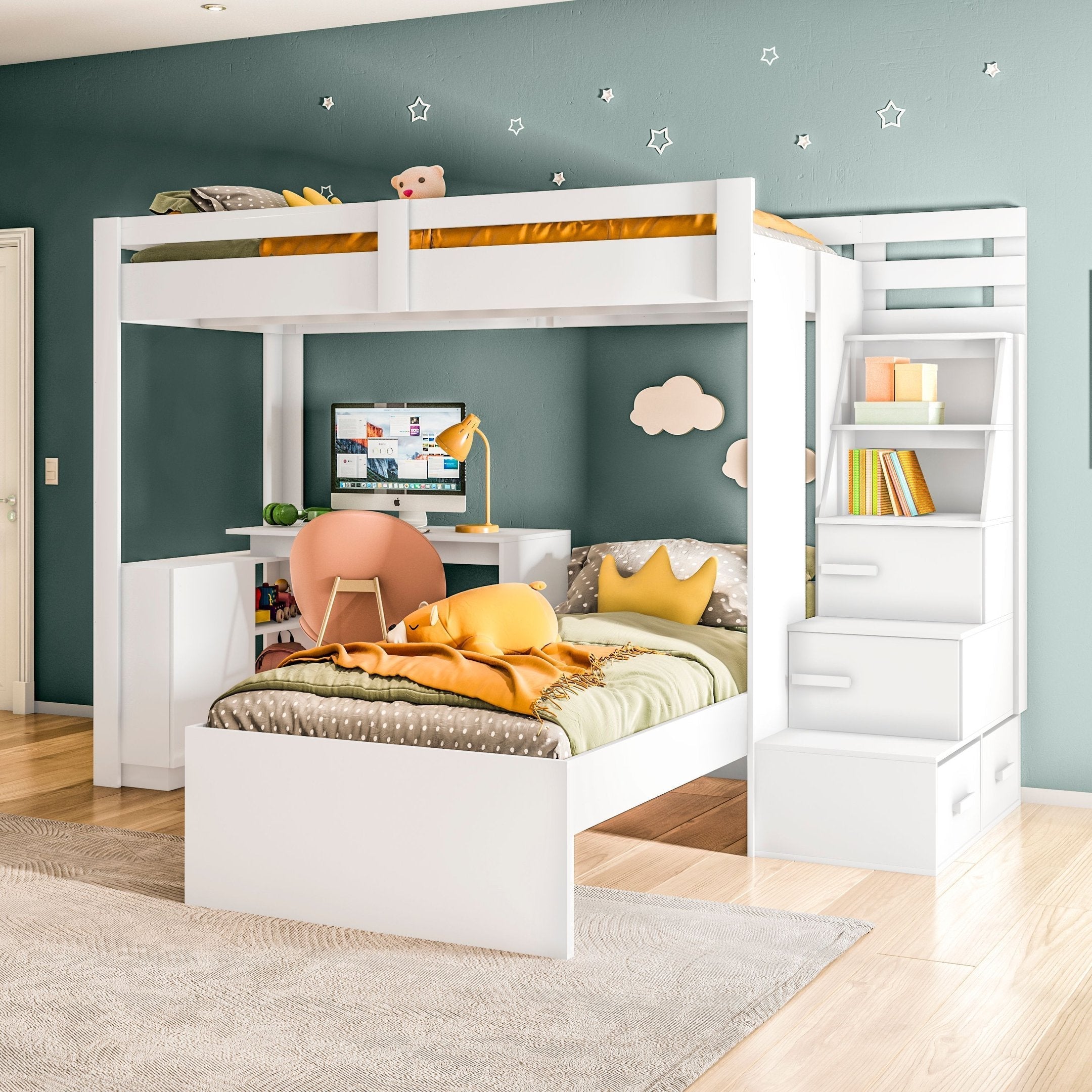 Beliche Office Infantil Moon com Escrivaninha em L e Escada 2 Portas e 2 Gavetas Yescasa Branco