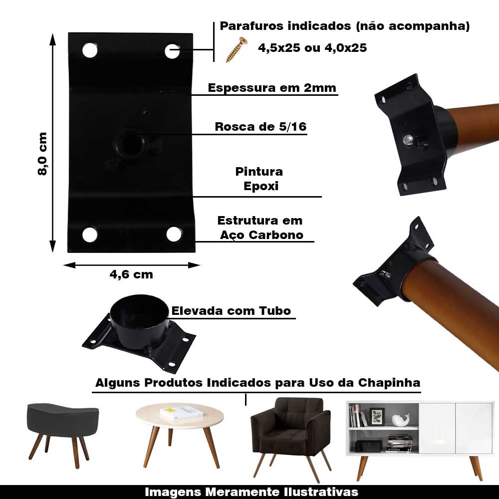 Kit 20 Chapinhas Chapa Elevada com Tubo Fixação Pés Palito Rosca 5/16 Preto Gran Belo