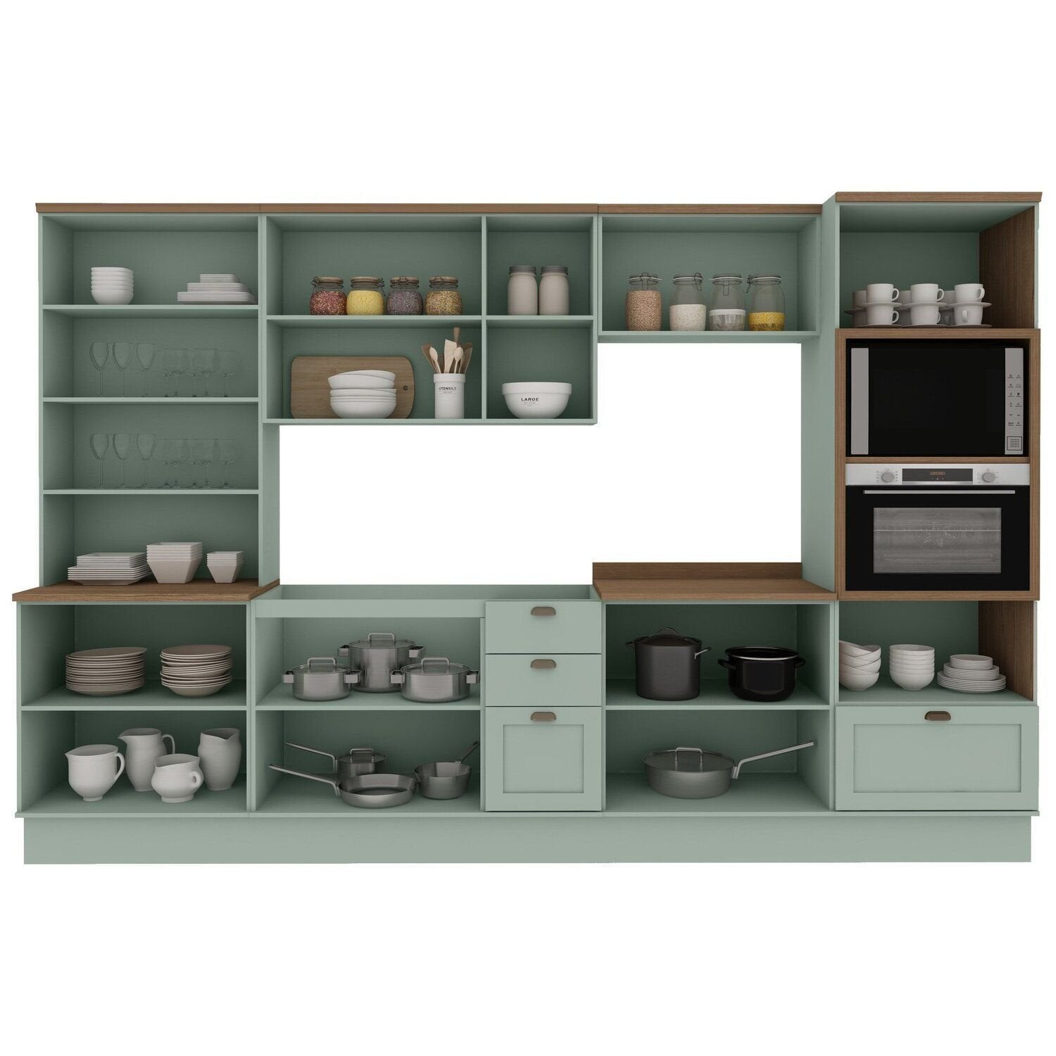 Cozinha Completa Modulada 6 Peças 100% MDF Cristaleira Torre Quente Balcão Pia Mint/Ébano Genialflex Iluminata