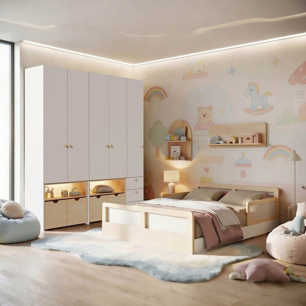 Quarto Infantil Completo Guarda-Roupa Modulado Wave Cama Casal Lift Casatema MadeiraOriginals Branco/Marrom