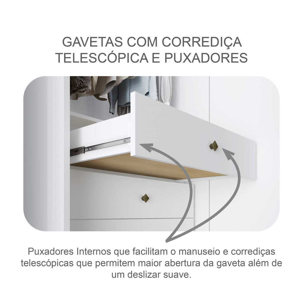 Guarda-Roupa Solteiro 2 Portas 3 Gavetas Ávila Novo Horizonte 100% MDF Branco