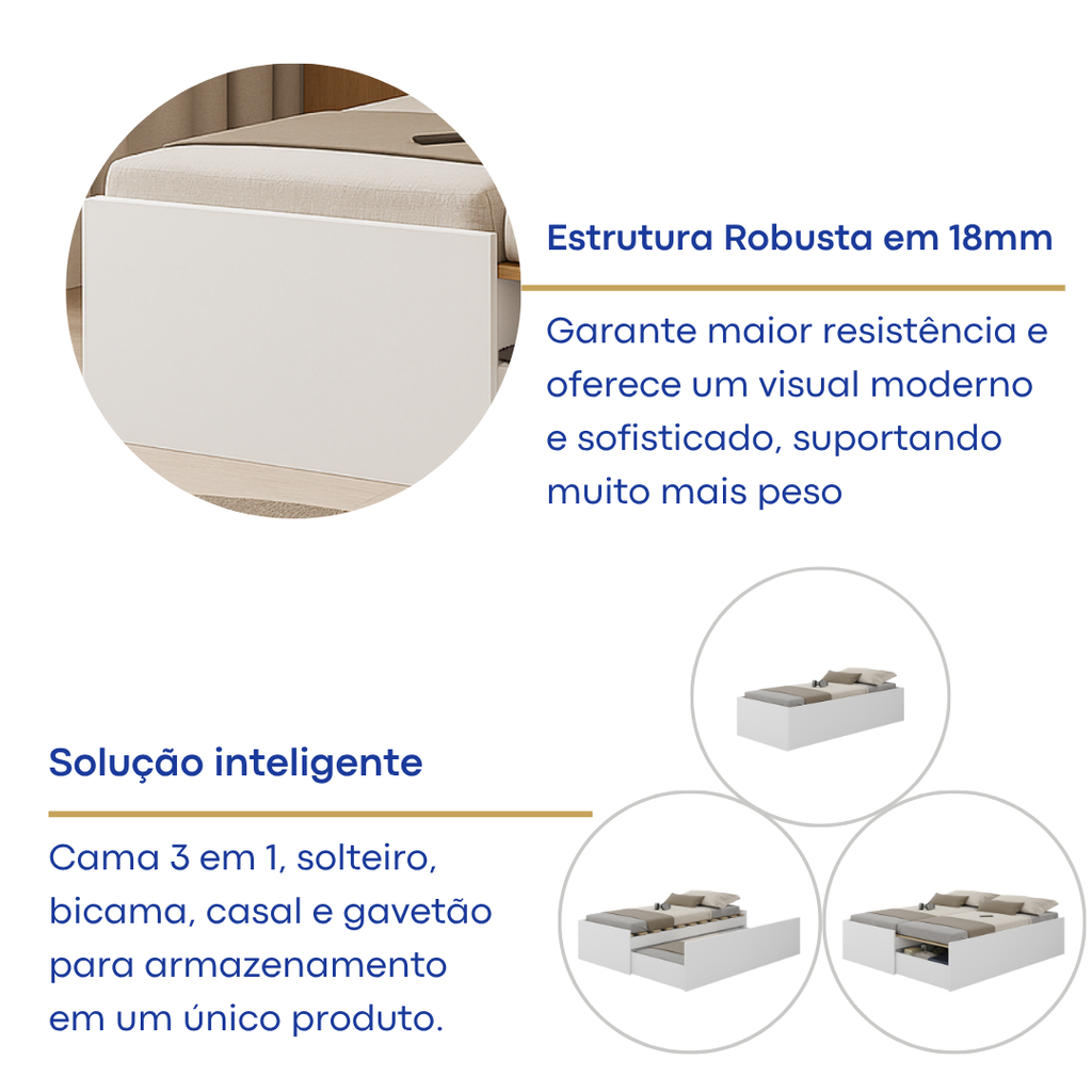 Cama Casal Retrátil com Gaveta Funcional Foscarini Branco