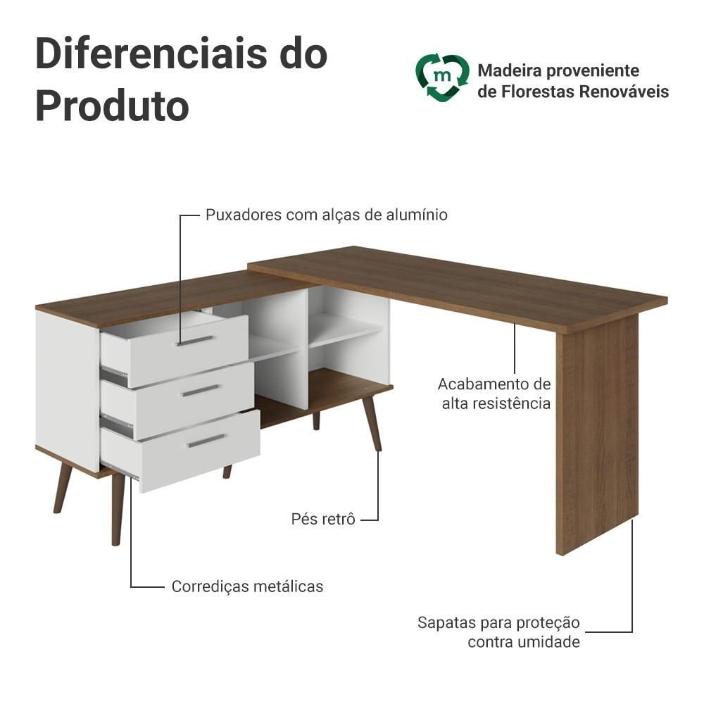 Escrivaninha em L Mesa Gamer 3 Gavetas Lisboa Madesa