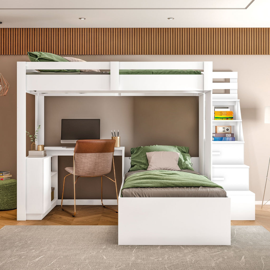 Beliche Office Adulto Moon com Escrivaninha em L Nichos e Escada 2 Portas e 2 Gavetas Yescasa Branco