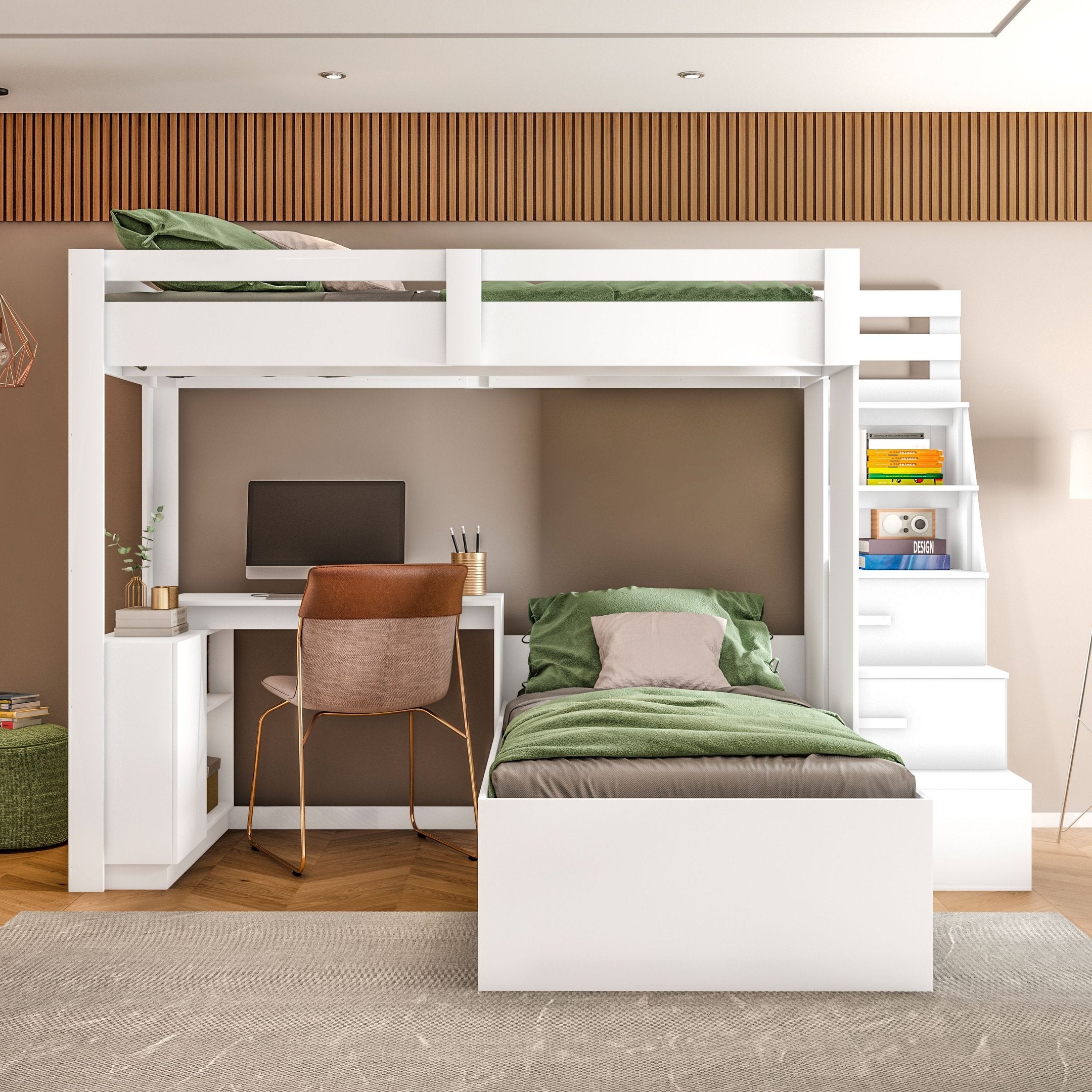 Beliche Office Adulto Moon com Escrivaninha em L Nichos e Escada 2 Portas e 2 Gavetas Yescasa Branco
