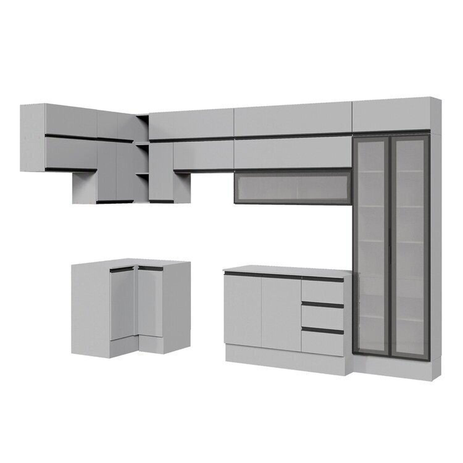 Cozinha Modulada Nara CabeCasa MadeiraOriginals 15 Peças 11 Aéreos 3 Balcões 1 Cristaleira Cinza